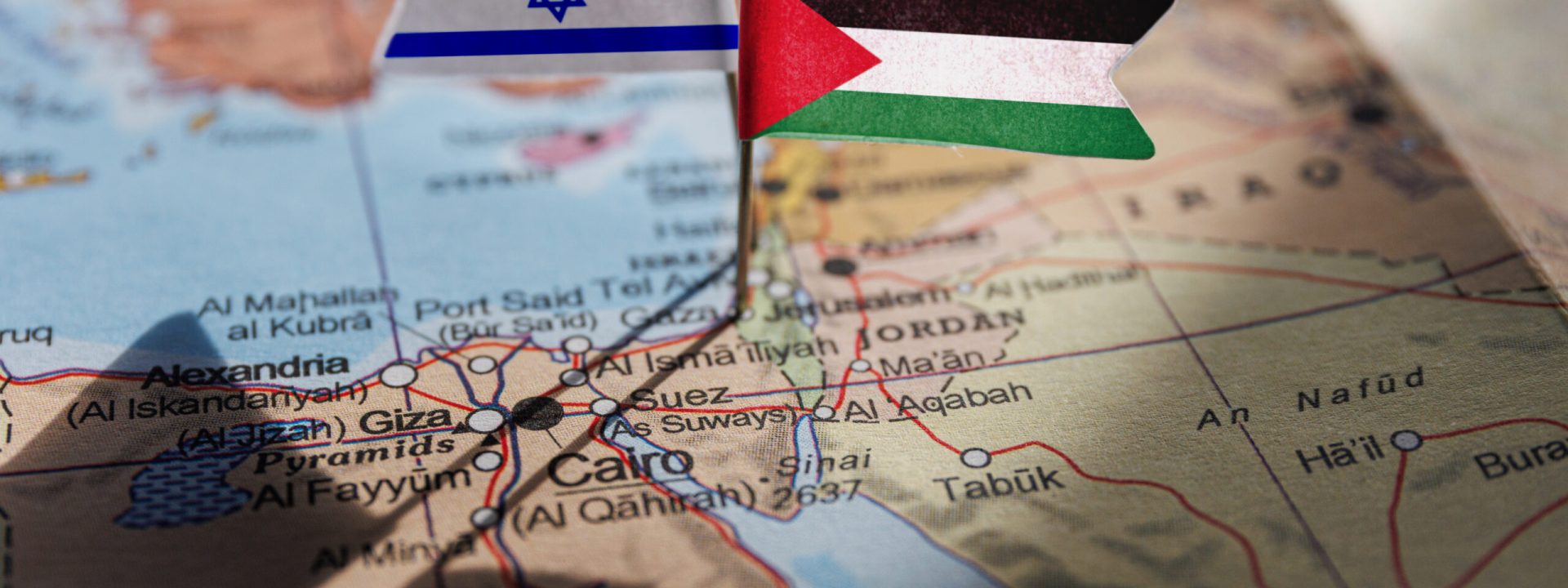 Jarusalem, Israel - 2023 October 14: Israel an Palestine flags on geopolitical Map. Gaza strip and West Bank. War conflict